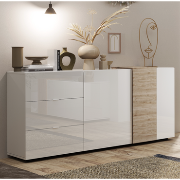 Seville 2 Door 3 Drawer White Gloss and Cadiz Oak Sideboard - FurniComp