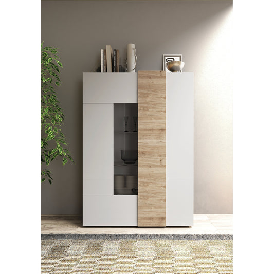 Seville 2 Door White Gloss and Cadiz Oak Display Cabinet - FurniComp