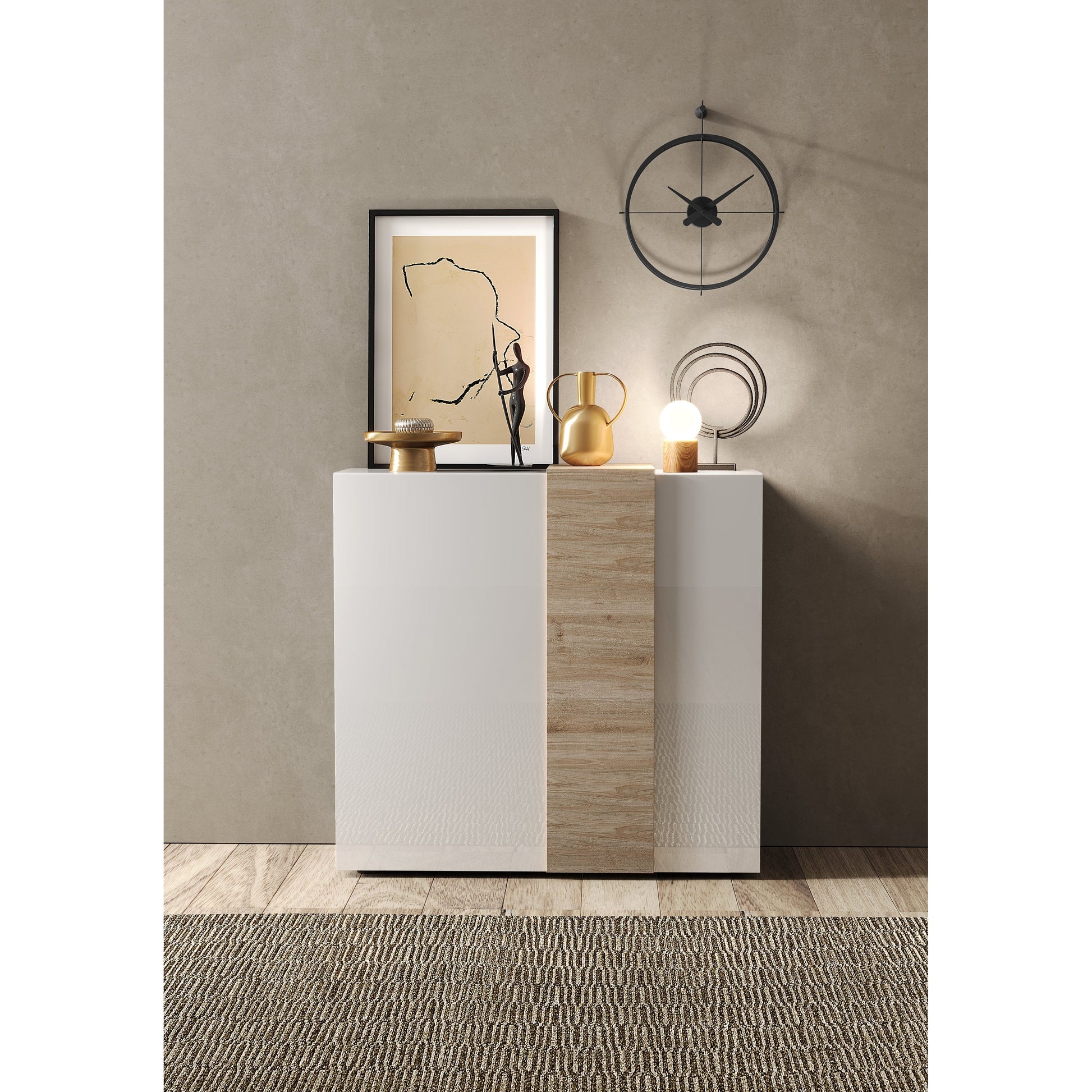 Seville 2 Door White Gloss and Cadiz Oak Tall Sideboard/Highboard - FurniComp