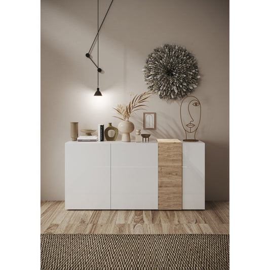 Seville 3 Door White Gloss and Cadiz Oak Sideboard - FurniComp