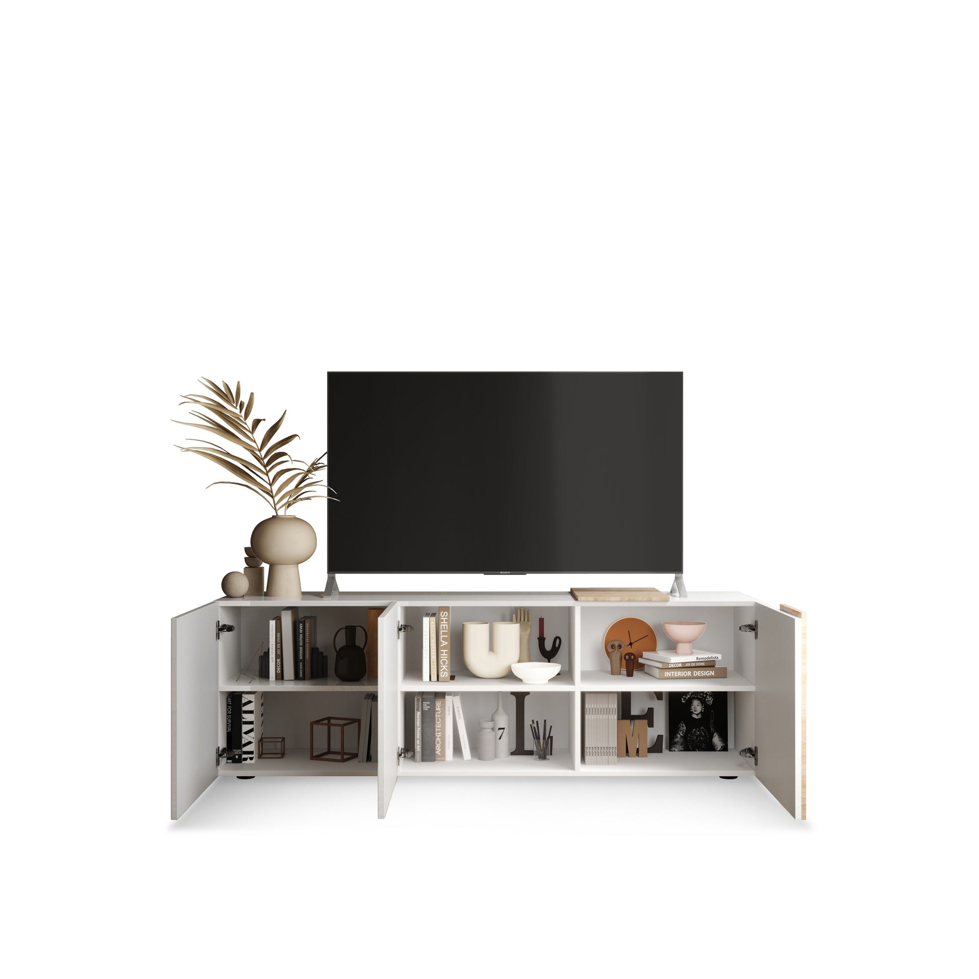 Seville 3 Door White Gloss and Cadiz Oak TV Unit - FurniComp