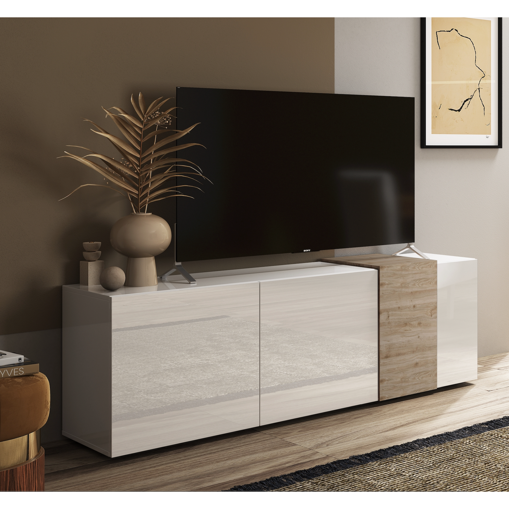 Seville 3 Door White Gloss and Cadiz Oak TV Unit - FurniComp