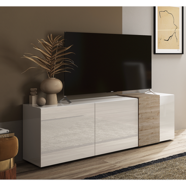 Seville 3 Door White Gloss and Cadiz Oak TV Unit - FurniComp