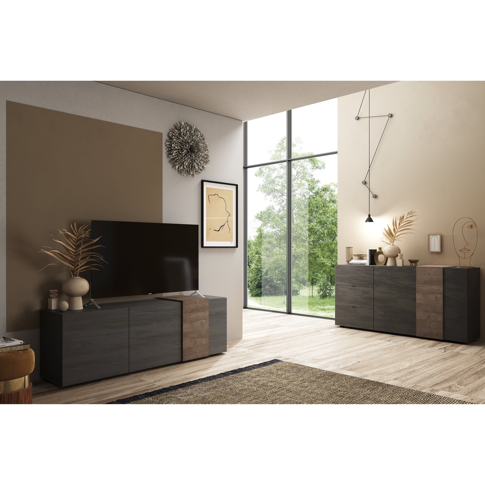 Seville 2 Door Grey and Mercure Oak Tall Sideboard/Highboard - FurniComp