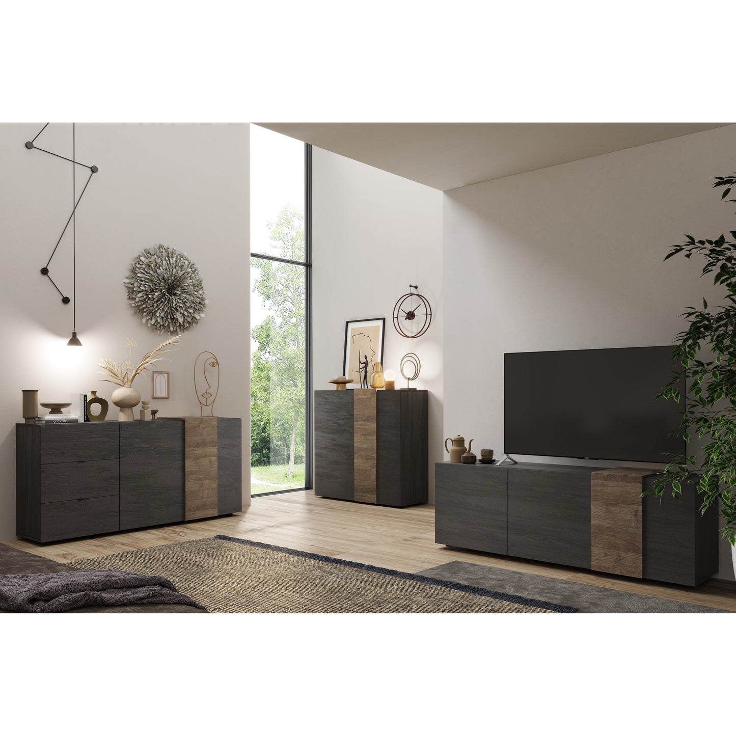 Seville 2 Door Grey and Mercure Oak Tall Sideboard/Highboard - FurniComp