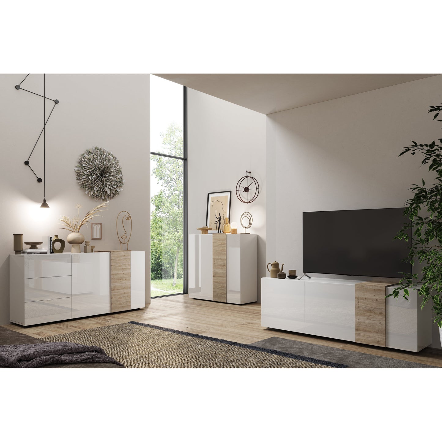 Seville 2 Door 3 Drawer White Gloss and Cadiz Oak Sideboard - FurniComp