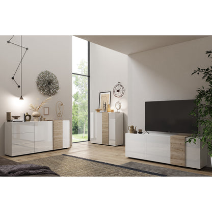 Seville 2 Door White Gloss and Cadiz Oak Tall Sideboard/Highboard - FurniComp