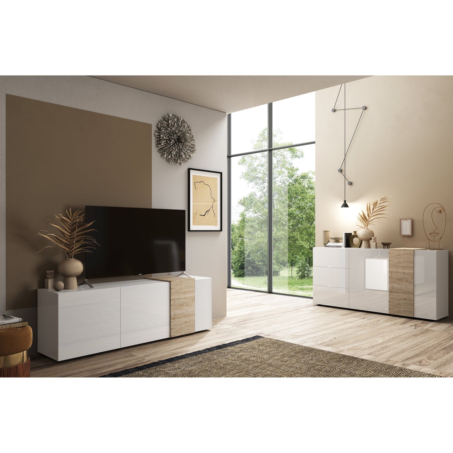 Seville 2 Door 3 Drawer White Gloss and Cadiz Oak Sideboard - FurniComp