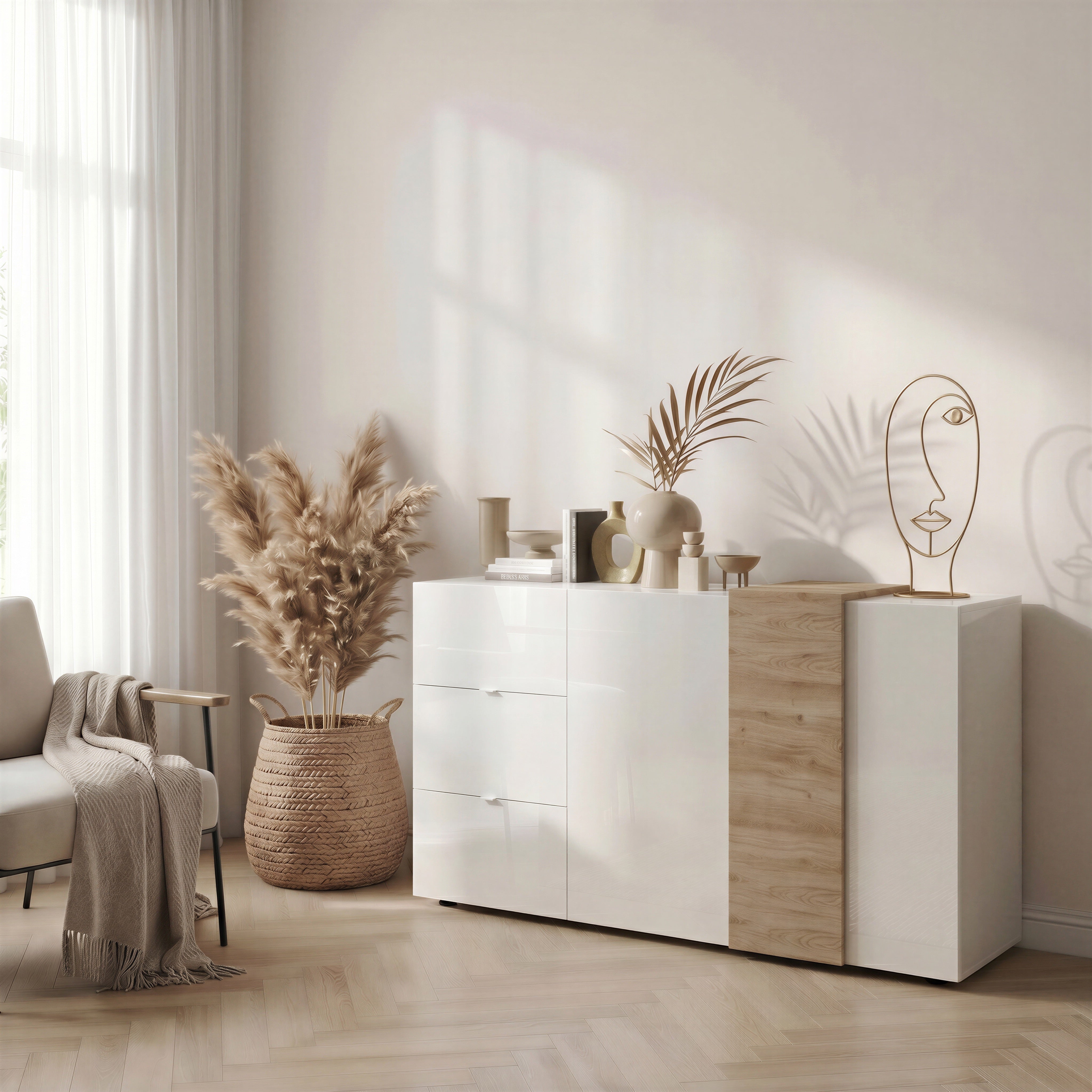 Seville 2 Door 3 Drawer White Gloss and Cadiz Oak Sideboard - FurniComp