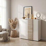 Seville 2 Door White Gloss and Cadiz Oak Tall Sideboard/Highboard - FurniComp