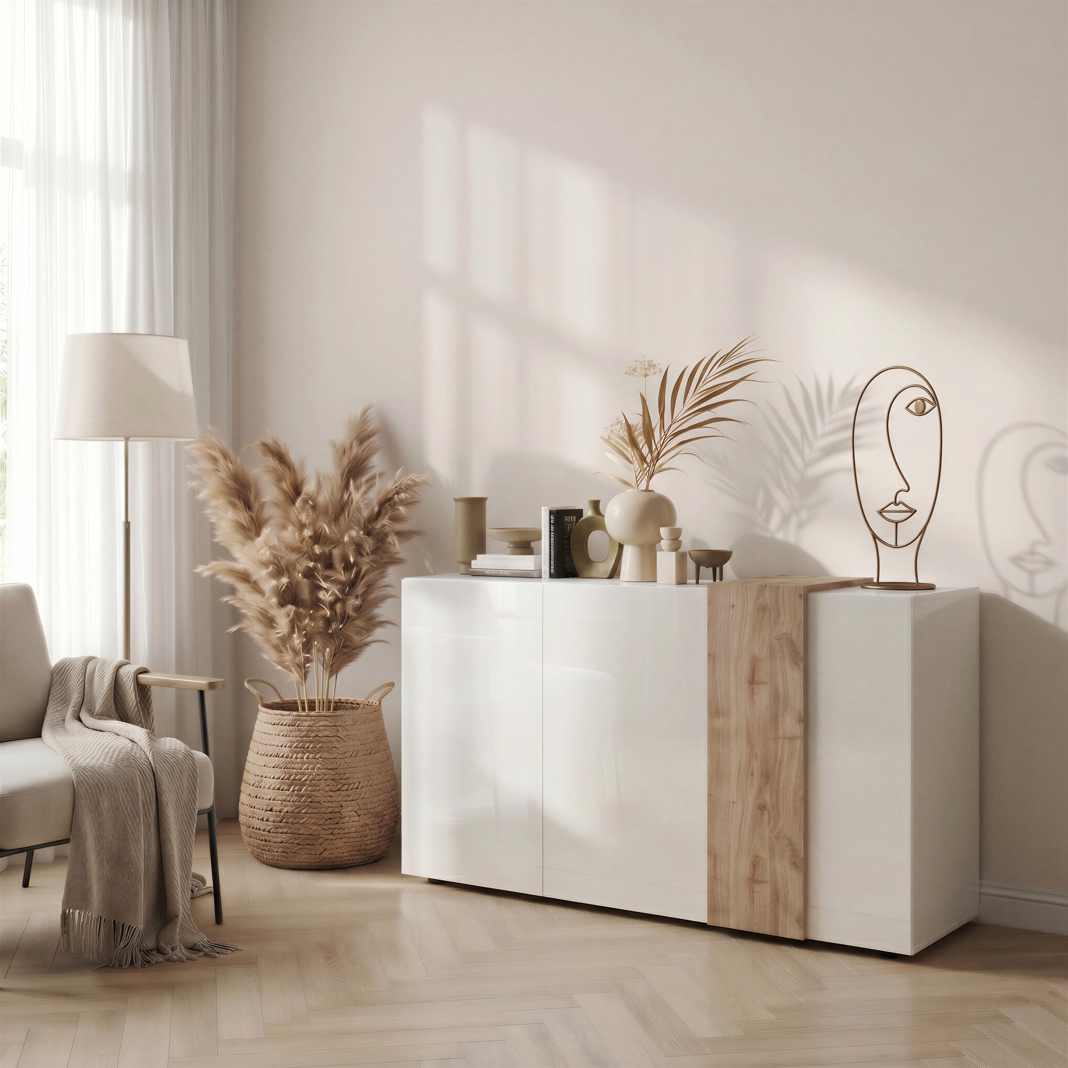 Seville 3 Door White Gloss and Cadiz Oak Sideboard - FurniComp
