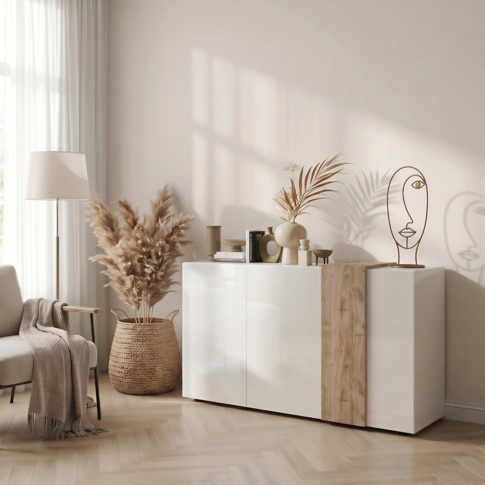 Seville 3 Door White Gloss and Cadiz Oak Sideboard - FurniComp