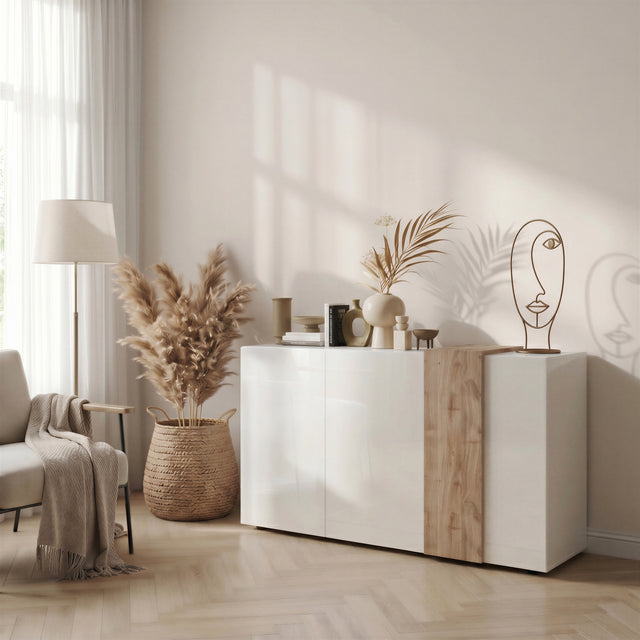 Seville 3 Door White Gloss and Cadiz Oak Sideboard - FurniComp