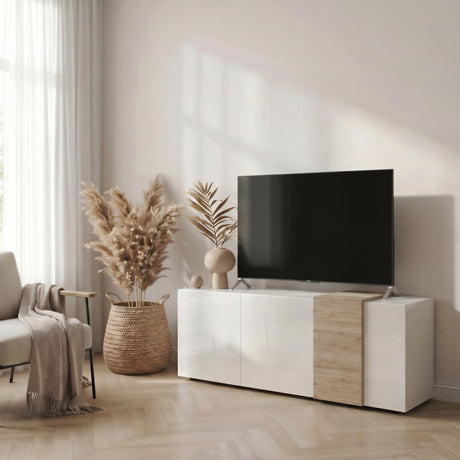Seville 3 Door White Gloss and Cadiz Oak TV Unit - FurniComp