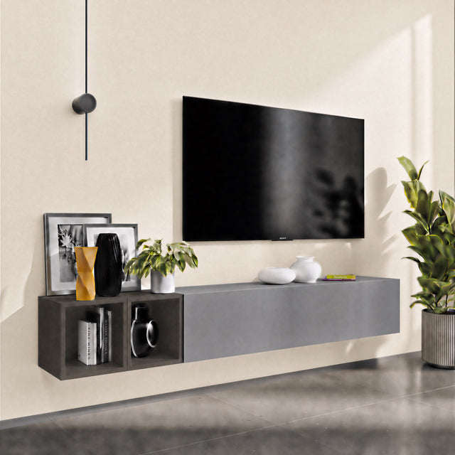 Combo 194cm Floating Wall Hung TV Entertainment Unit – Slate Grey & Black Lava - FurniComp