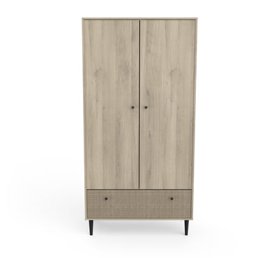 Theo 2 Door 1 Drawer Oak Rattan Style Wardrobe - FurniComp