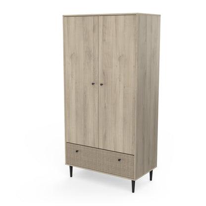 Theo 2 Door 1 Drawer Oak Rattan Style Wardrobe - FurniComp