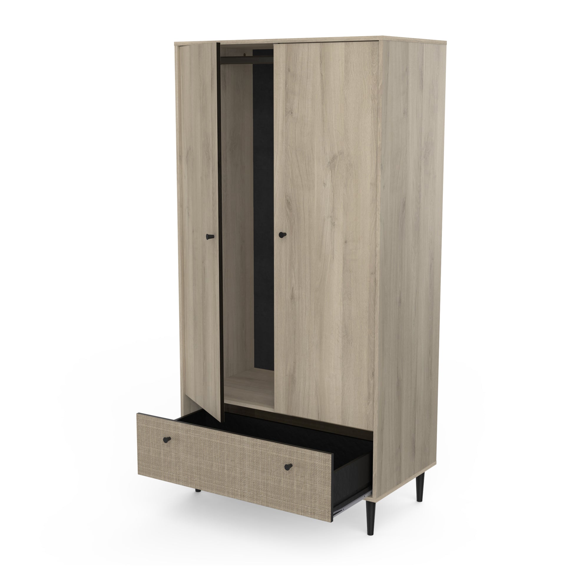 Theo 2 Door 1 Drawer Oak Rattan Style Wardrobe - FurniComp