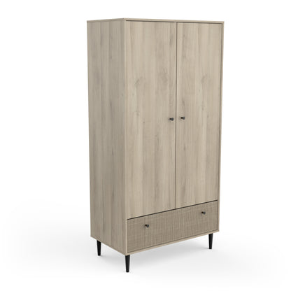 Theo 2 Door 1 Drawer Oak Rattan Style Wardrobe - FurniComp