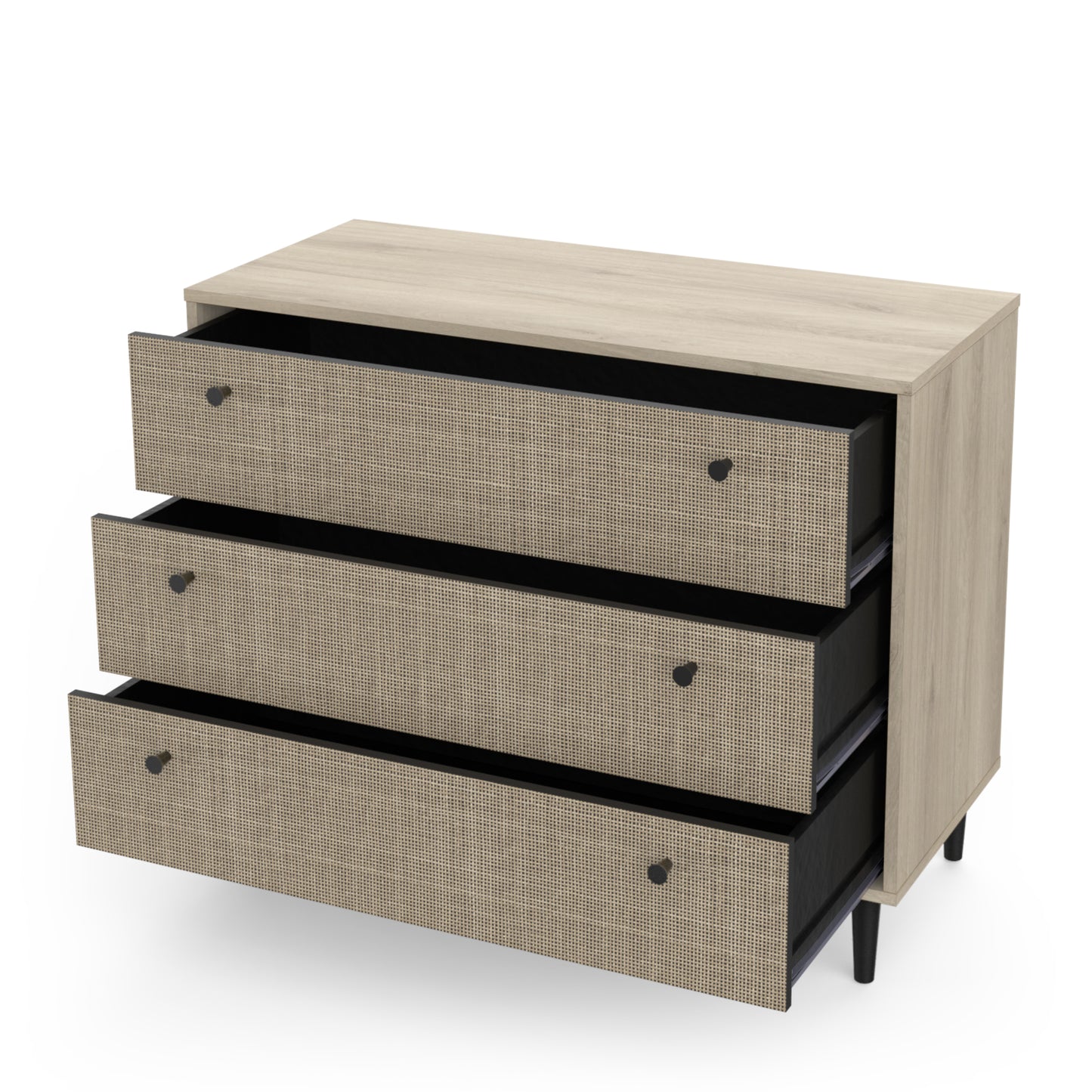 Theo 3 Drawer Oak Rattan style Chest of Drawers - FurniComp