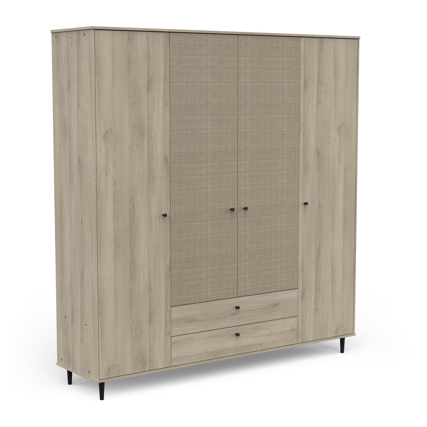 Theo 4 Door 2 Drawer Oak Rattan Style Wardrobe - FurniComp