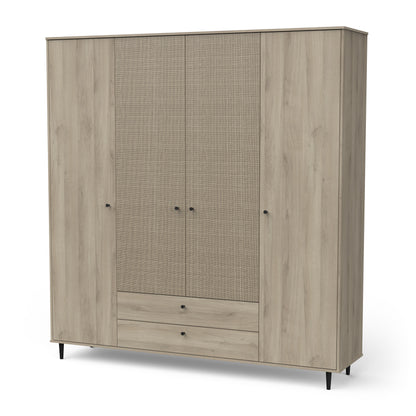 Theo 4 Door 2 Drawer Oak Rattan Style Wardrobe - FurniComp