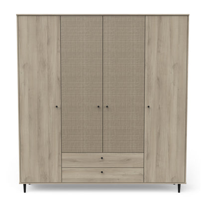 Theo 4 Door 2 Drawer Oak Rattan Style Wardrobe - FurniComp