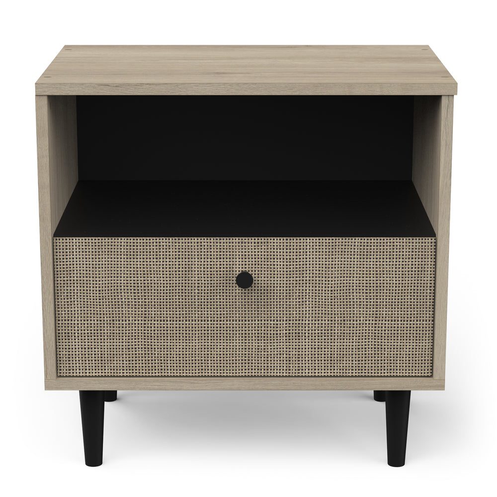 Theo 1 Drawer Open Shelf Oak Rattan Style Bedside Table - FurniComp