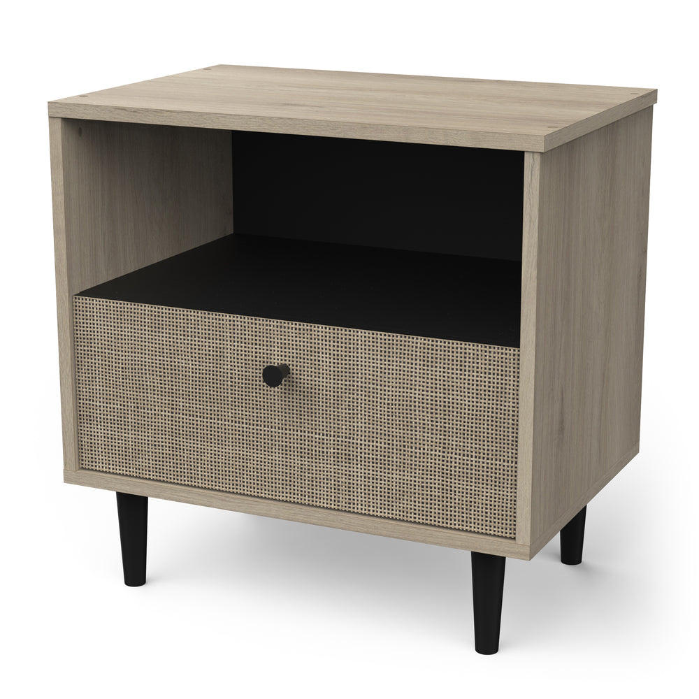 Theo 1 Drawer Open Shelf Oak Rattan Style Bedside Table - FurniComp
