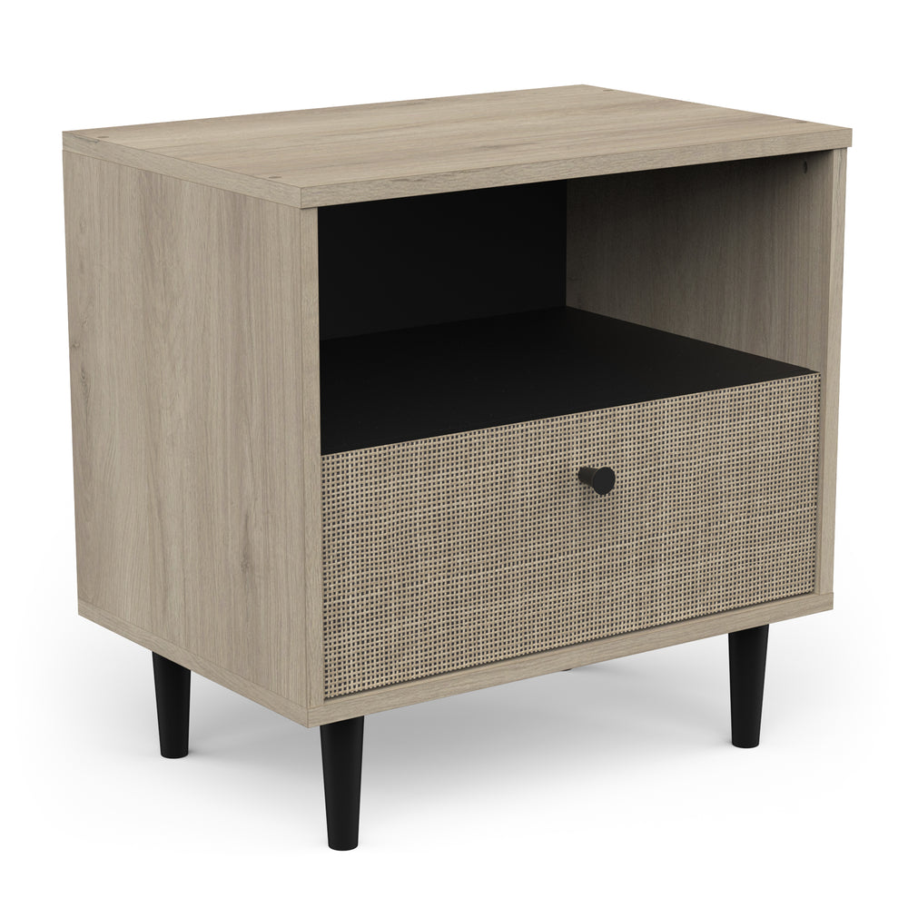 Theo 1 Drawer Open Shelf Oak Rattan Style Bedside Table - FurniComp