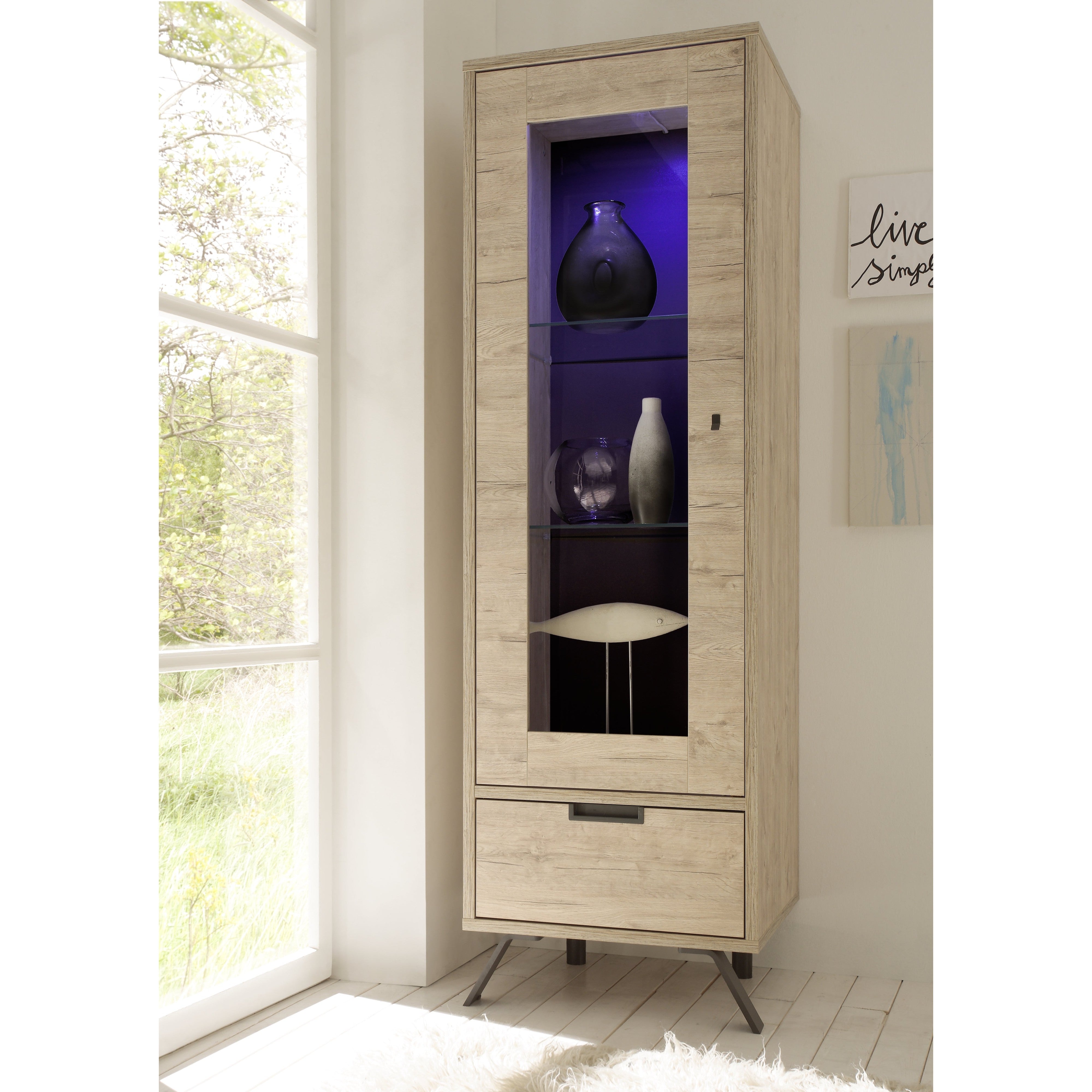 Tropez 1 Door 1 Drawer Sherwood Oak Glass Display Cabinet - FurniComp