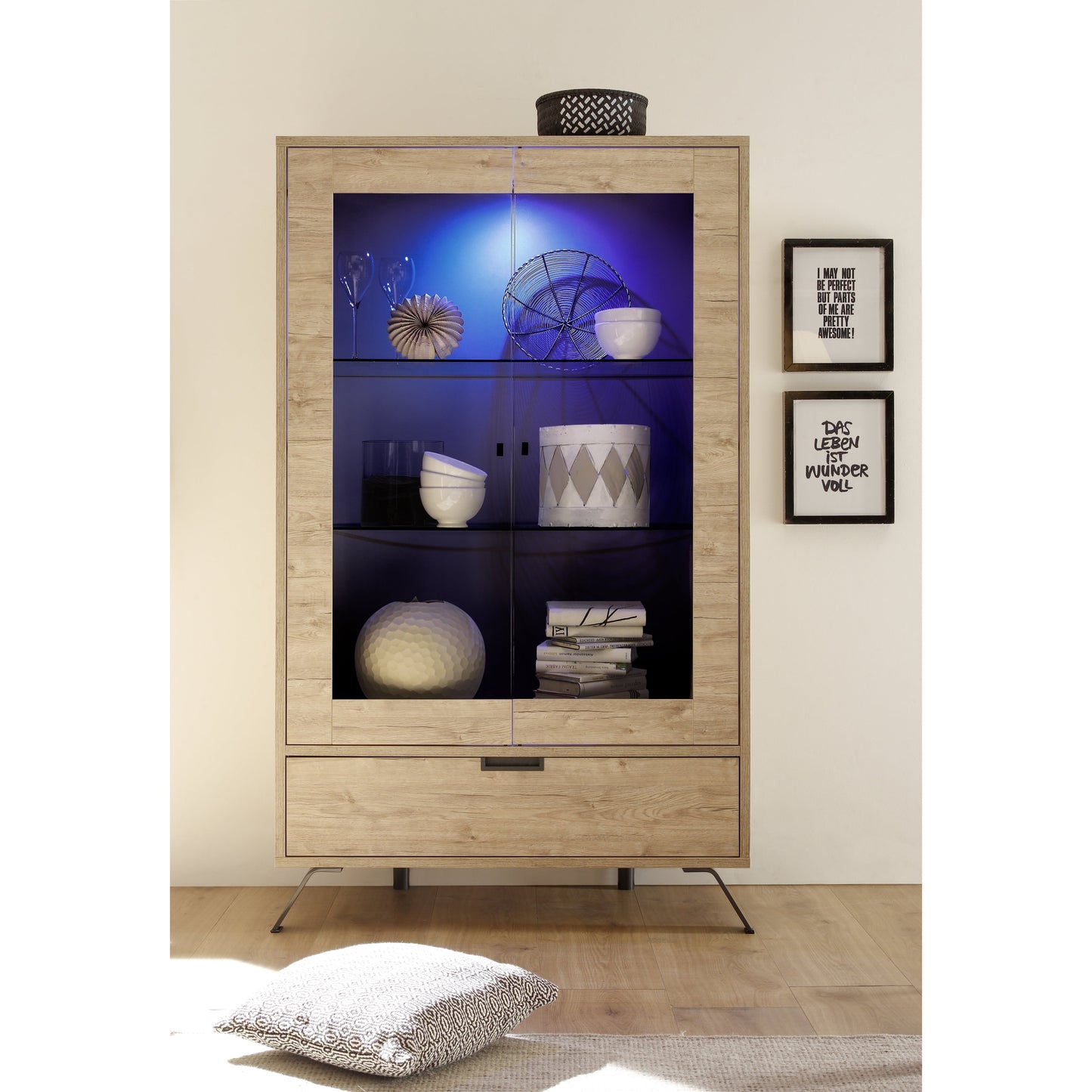 Tropez 2 Door 1 Drawer Sherwood Oak Glass Display Cabinet - FurniComp