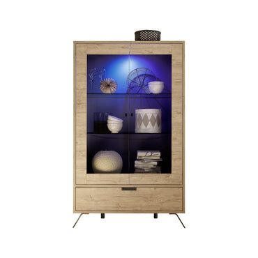 Tropez 2 Door 1 Drawer Sherwood Oak Glass Display Cabinet - FurniComp