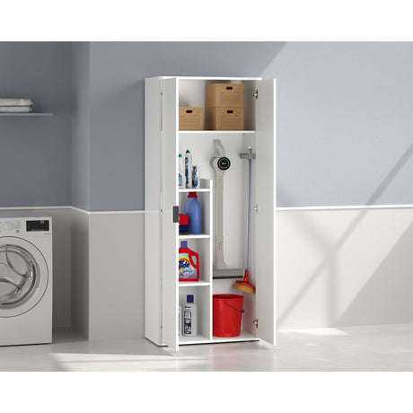Universal Multi-Use White Gloss Tall 2 Door Broom Utility Cupboard - FurniComp