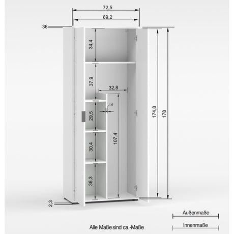 Universal Multi-Use White Gloss Tall 2 Door Broom Utility Cupboard - FurniComp