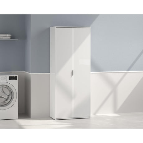 Universal Multi-Use White Gloss Tall 2 Door Broom Utility Cupboard - FurniComp