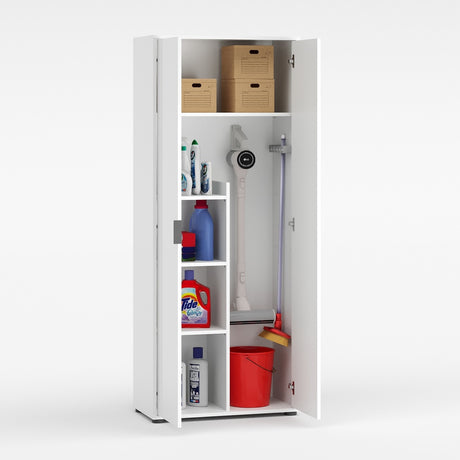 Universal Multi-Use White Gloss Tall 2 Door Broom Utility Cupboard - FurniComp