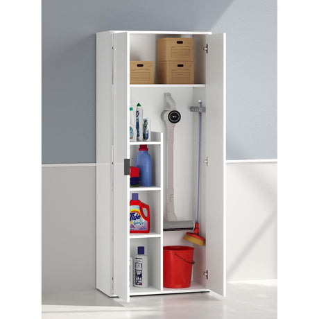 Universal Multi-Use White Gloss Tall 2 Door Broom Utility Cupboard - FurniComp