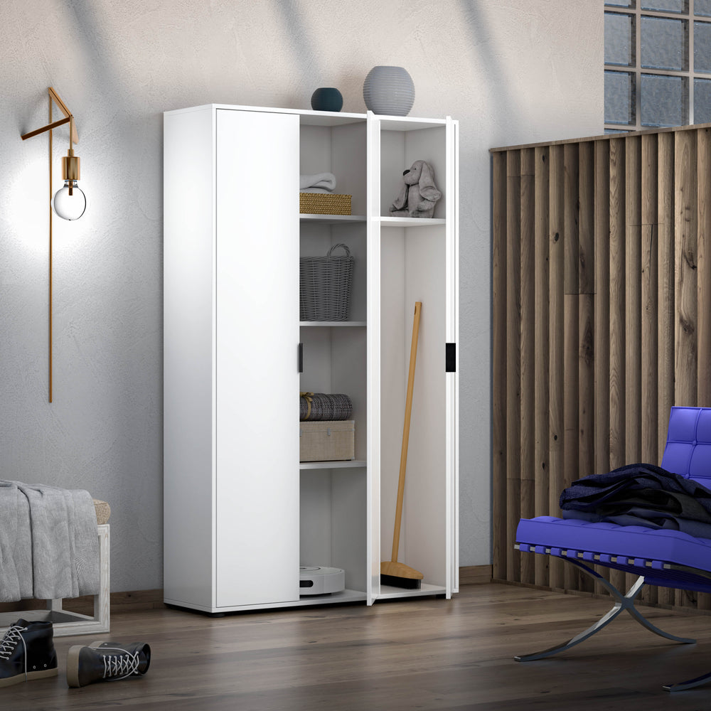 Universal Multi-Use White Gloss Tall 3 Door Storage Utility Cupboard Cabinet - FurniComp