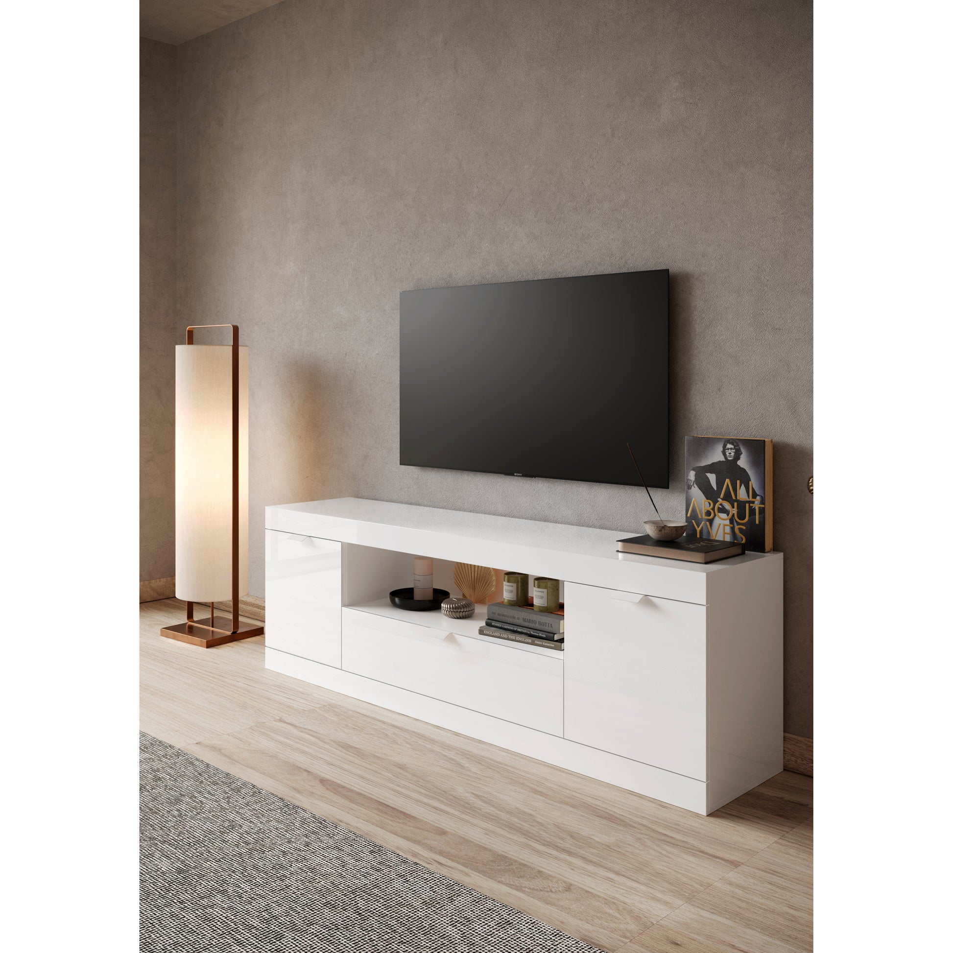 Valencia 2 Door 1 Drawer 180cm White Gloss TV Stand - FurniComp