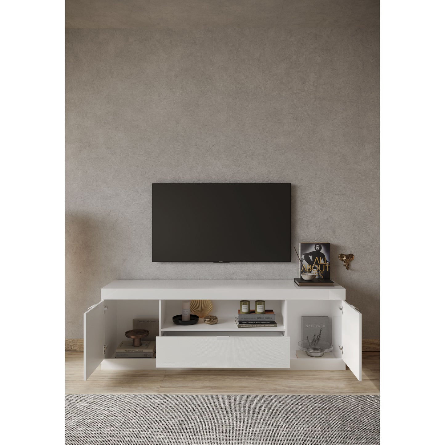 Valencia 2 Door 1 Drawer 180cm White Gloss TV Stand - FurniComp