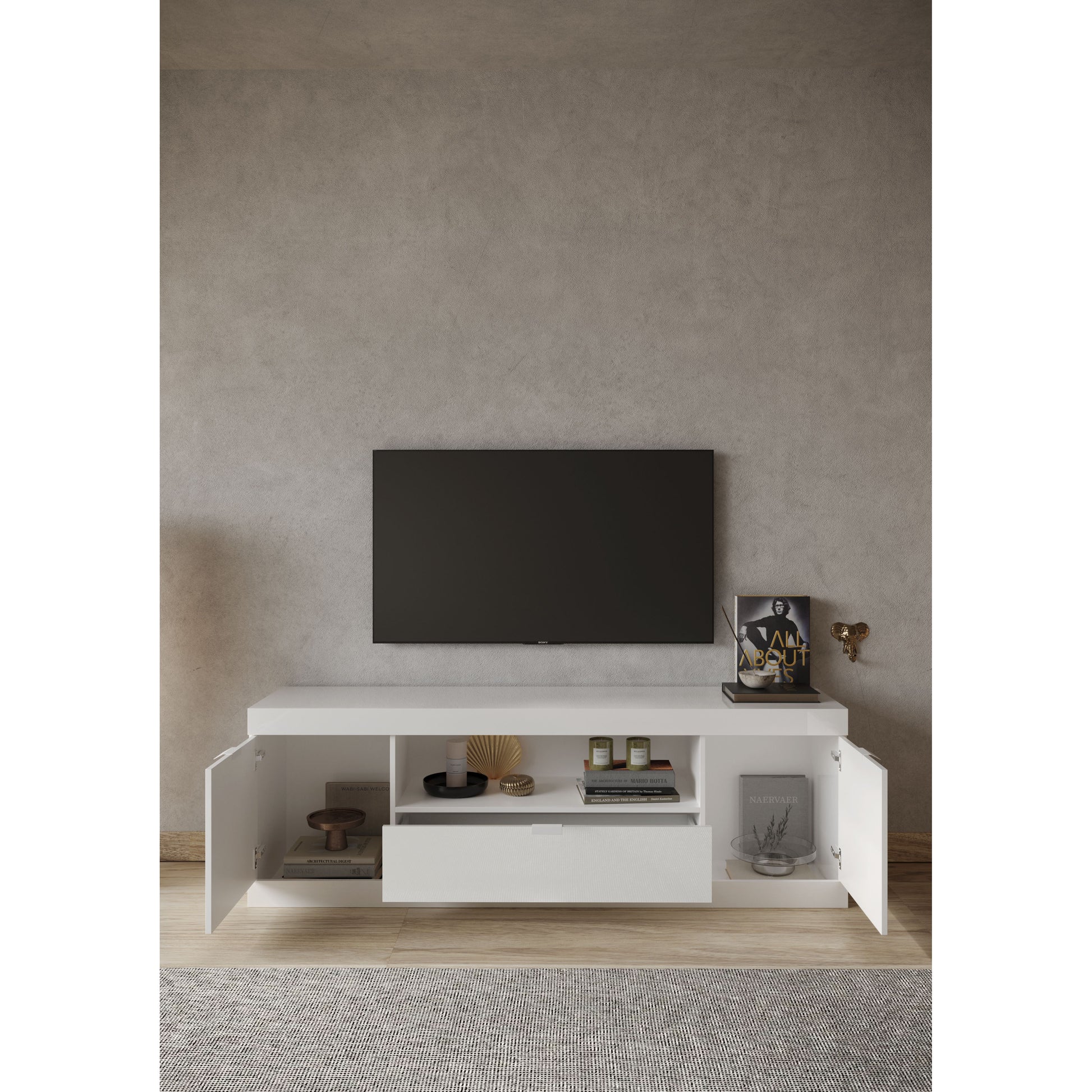 Valencia 2 Door 1 Drawer 180cm White Gloss TV Stand - FurniComp