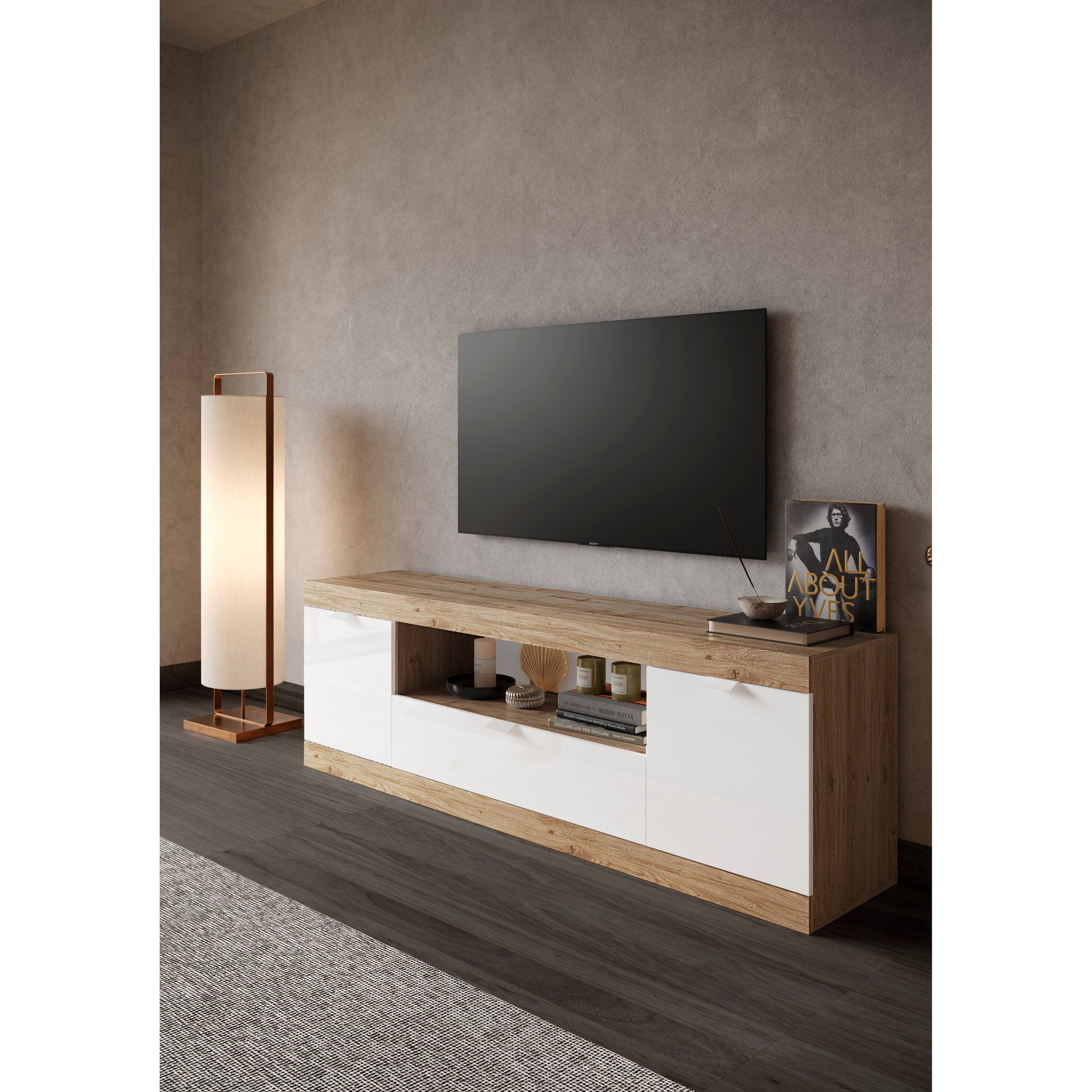 Valencia 2 Door 1 Drawer 180cm White Gloss And Cadiz Oak TV Stand - FurniComp