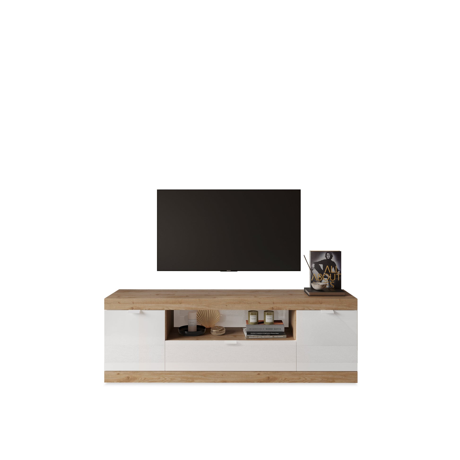 Valencia 2 Door 1 Drawer 180cm White Gloss And Cadiz Oak TV Stand - FurniComp