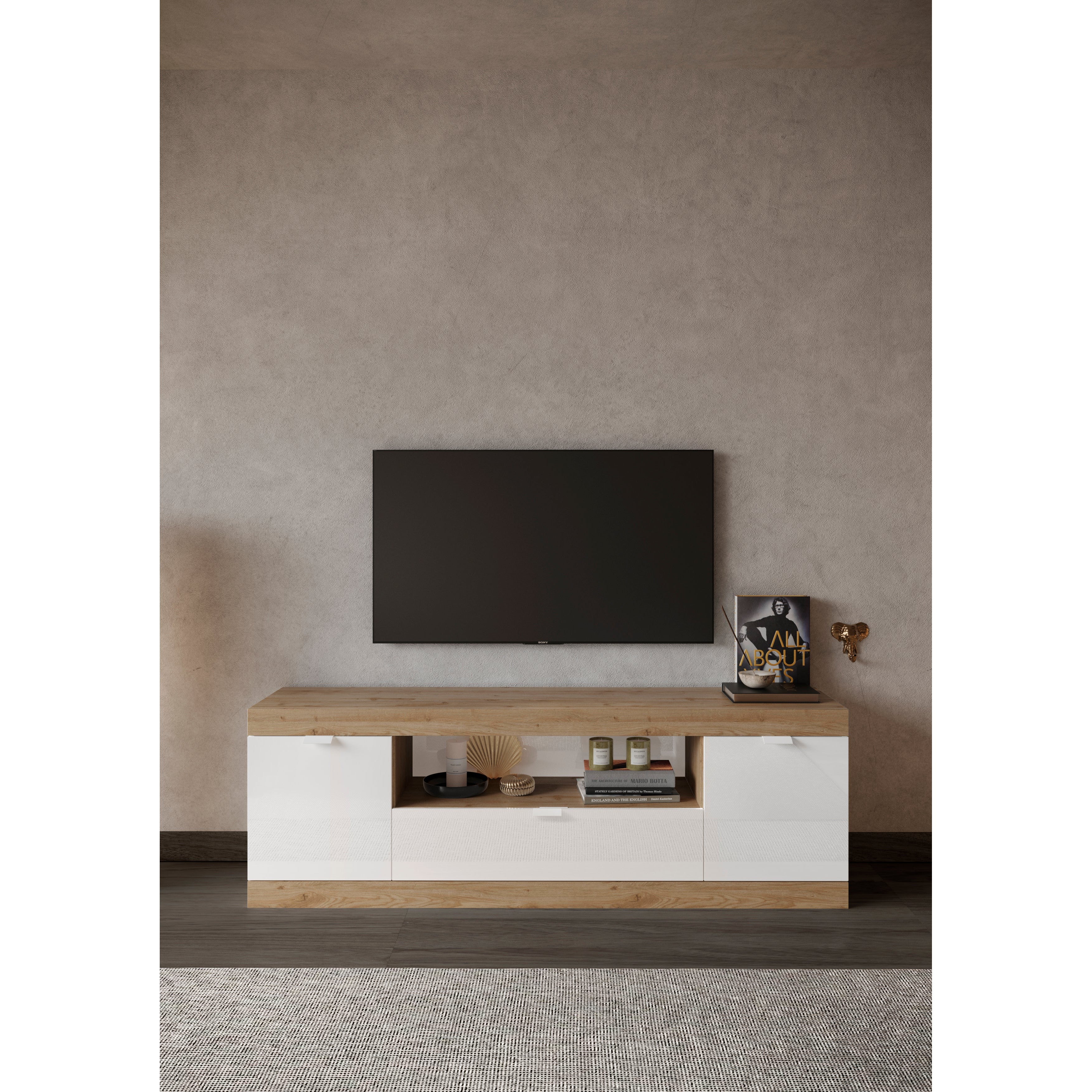 Valencia 2 Door 1 Drawer 180cm White Gloss And Cadiz Oak TV Stand - FurniComp