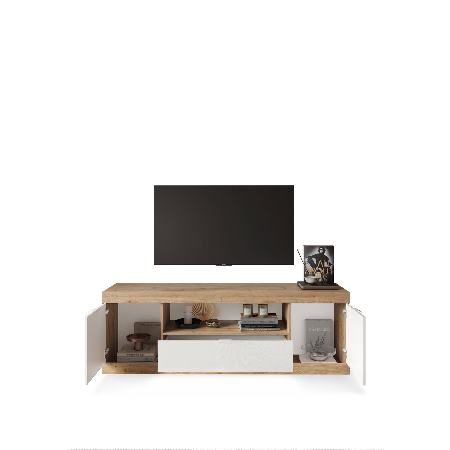 Valencia 2 Door 1 Drawer 180cm White Gloss And Cadiz Oak TV Stand - FurniComp