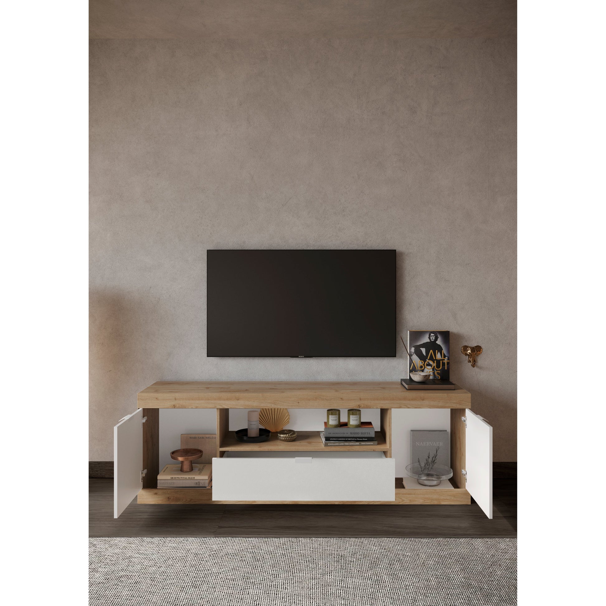 Valencia 2 Door 1 Drawer 180cm White Gloss And Cadiz Oak TV Stand - FurniComp