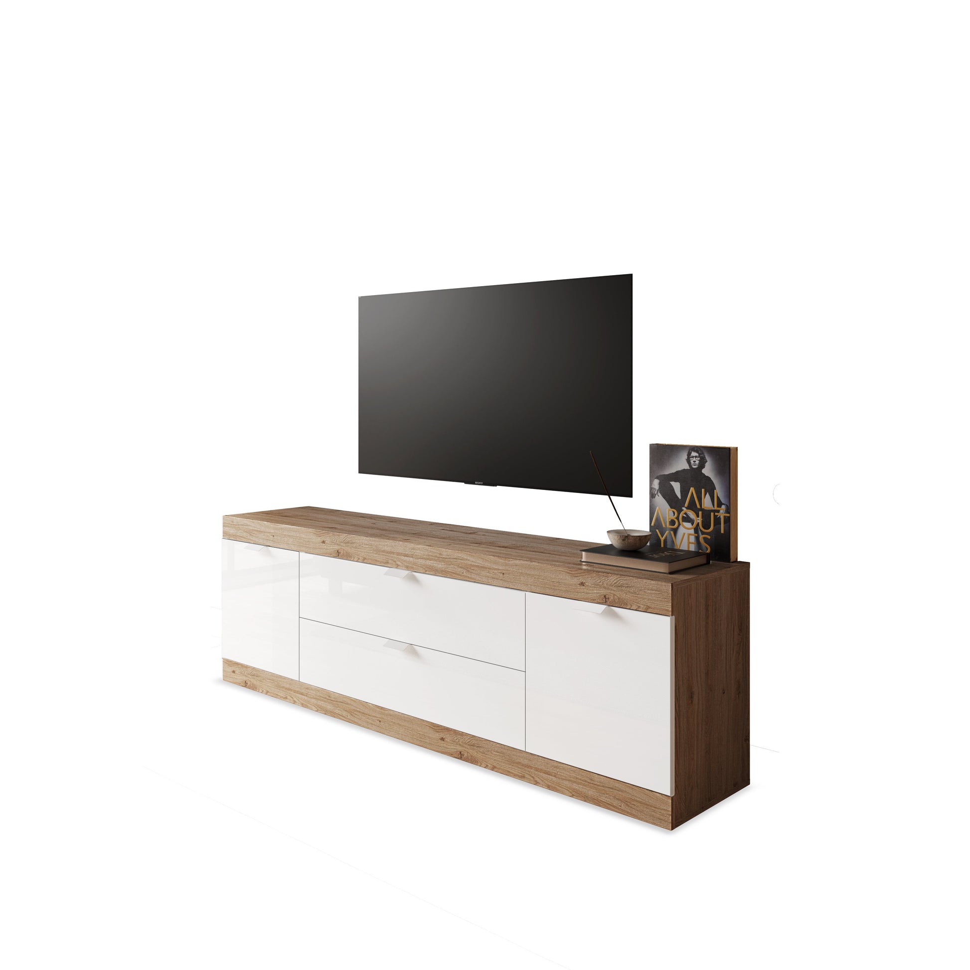 Valencia 2 Door 2 Drawer 180cm White Gloss And Cadiz Oak TV Stand - FurniComp