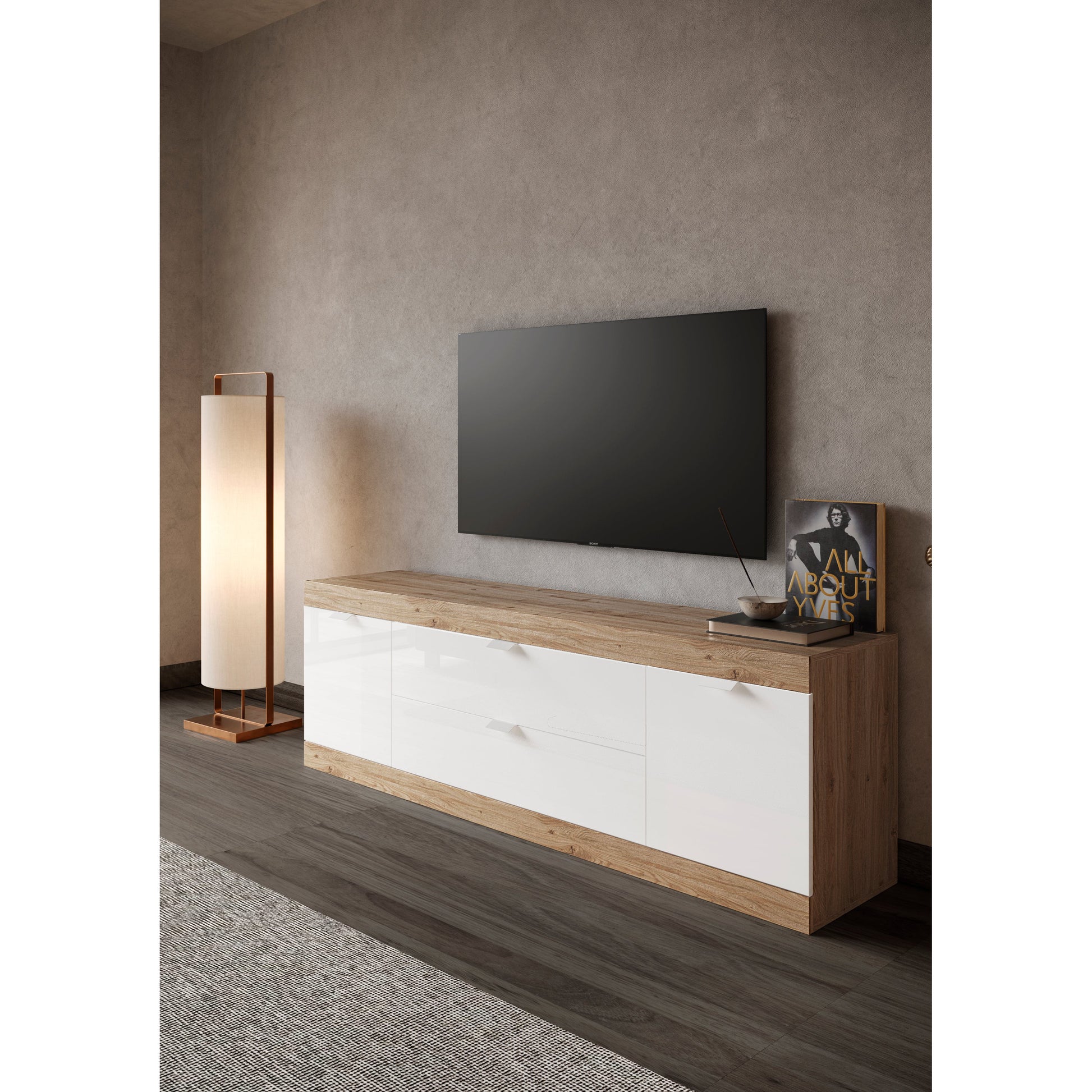 Valencia 2 Door 2 Drawer 180cm White Gloss And Cadiz Oak TV Stand - FurniComp