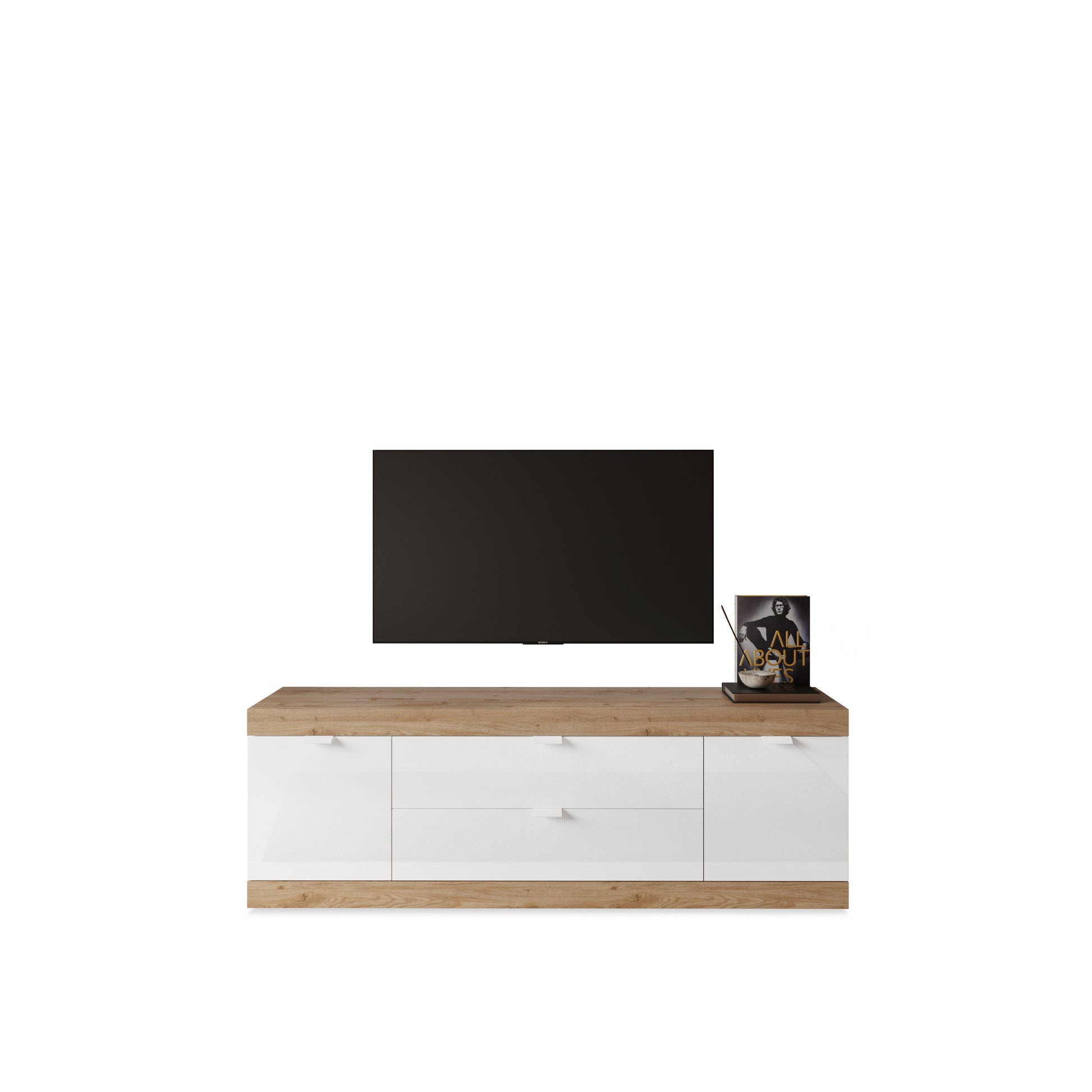 Valencia 2 Door 2 Drawer 180cm White Gloss And Cadiz Oak TV Stand - FurniComp